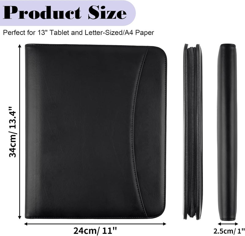Mkobon Leather Padfolio Portfolio Binder Organizer, with 25 Pages Notepad & 13" Tablet Sleeve, Professional Conference Meeting Business Zipper Folder for Letter Size A4 Legal Writing Pad Document Men Women - Image 2